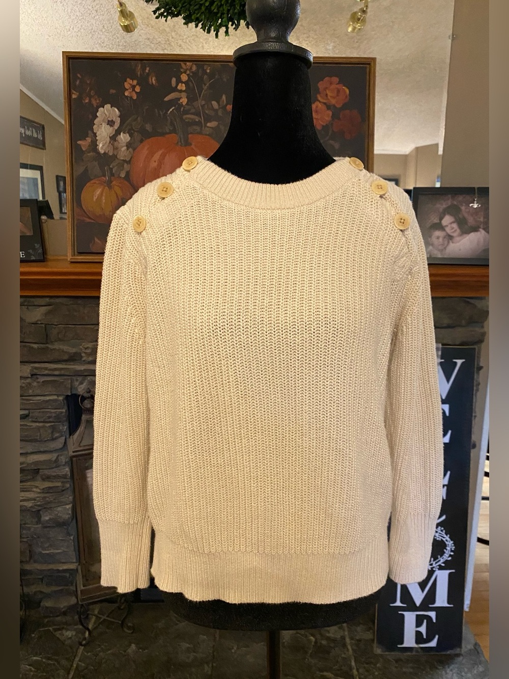 J. Crew Cream Button-Shoulder Crewneck Sweater